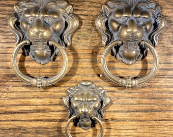 Lion Head Ring Drawer Pulls Antiqued Die Cast Brass Lot of 3 NOS