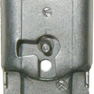 May include: A silver metal door hinge with a small lever and a pin. The hinge has two holes for mounting.