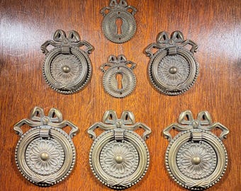 Colonial Revival Rosette Ring Pulls Keyhole Covers Set by QCL Antiqued Patina