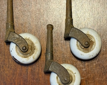 Antique Furniture Casters with 1-7/8" Porcelain Wheels and Cast Iron Forks Set of 3