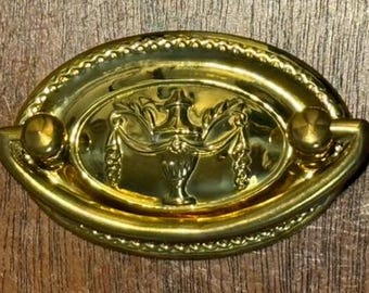 Hepplewhite Bright Brass Oval Drawer Pull Reproduction Draped Urn - PAIR