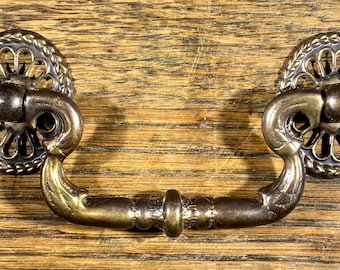 Antiqued Brass Early American Bail Pull with Oval Rosettes 3 Inch Centers
