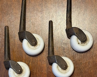 Antique Furniture Casters with 2" Diameter White Porcelain Wheels and Cast Iron Forks SET OF 4