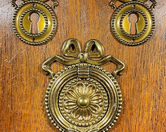 Colonial Revival Rosette Ring Pull Keyhole Covers Set by QCL Antiqued Brass