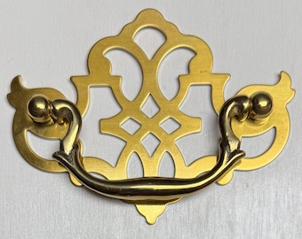 Early American Struck Brass Pierced Drawer Pull Bright Brass Chippendale 3"CC