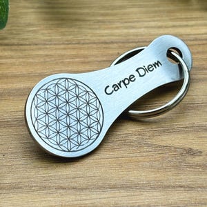 Schlüsselanhänger mit „Carpe Diem“ & Blume des Lebens – Einkaufswagenlöser aus Metall Einkaufschip Spirituelles Geschenk - EW0002