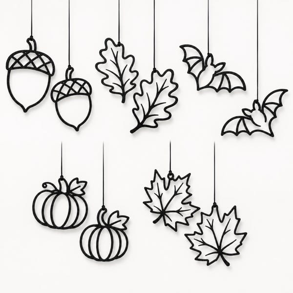 Adornos colgantes para ventanas, juego de 2, adornos otoñales negros, colgantes para decoración de pared, adornos de Halloween, calabaza, murciélago, bellota, hoja, arce