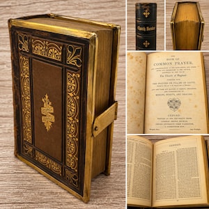 Puede incluir: Un libro antiguo titulado Church Services con cubierta de cuero marrón oscuro, bordes de metal dorado ornamentados y un cierre metálico. Las páginas interiores muestran The Book of Common Prayer y el texto del Génesis impreso en Oxford.