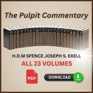 Może przedstawiać: Kolekcja 23 tomów książek "The Pulpit Commentary". Książki są czarne ze złotymi literami i ułożone w łuk. Obraz zawiera również nazwiska H.D.M Spence i Joseph S. Exell oraz przycisk pobierania PDF.