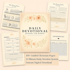 以下が含まれることがあります： ベージュ色のページが集まったもので、中央には「Daily Devotional Journal for Women」というタイトルのジャーナルがあり、花の模様で囲まれています。画像には「Pray」や「Salvation List」などのテキストが書かれたページと、「100+ Guided Christian Pages」というテキストが含まれています。