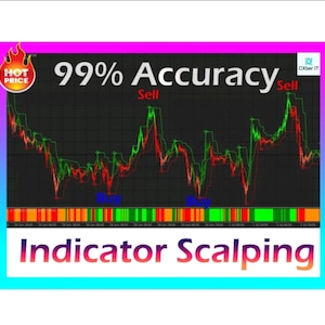 May include: A chart showing a financial indicator with a 99% accuracy rate. The chart shows buy and sell signals with green and red lines. The text "Indicator Scalping" is at the bottom of the chart.