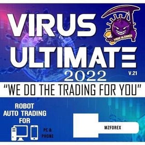 Può includere: Un grafico blu e bianco con le parole "VIRUS ULTIMATE 2022" e "WE DO THE TRADING FOR YOU". L'immagine include anche il testo "ROBOT AUTO TRADING FOR PC & PHONE" e il logo MZFOREX.