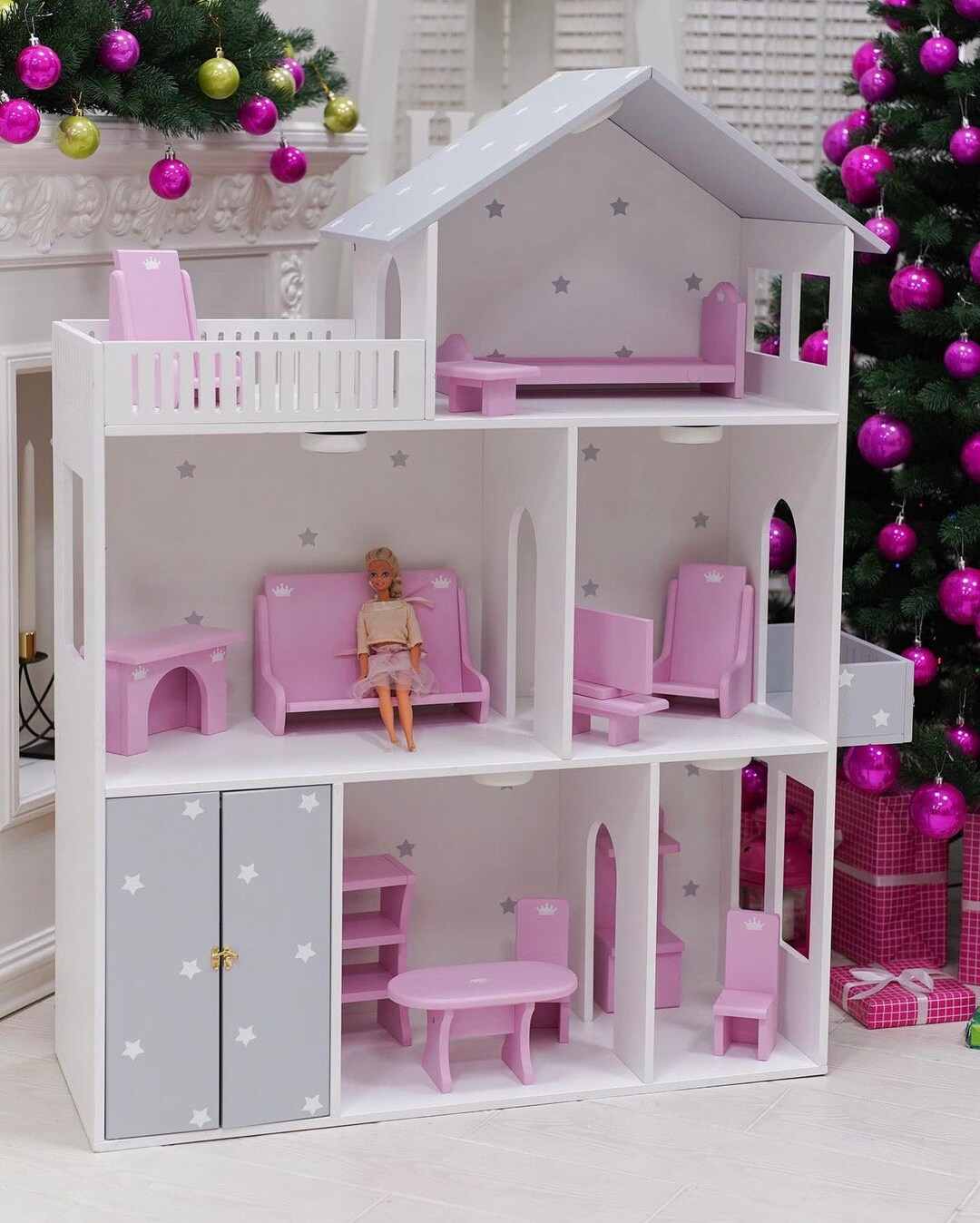 Gray Dollhouse Large Barbie Dollhouse Wooden Barbie Etsy