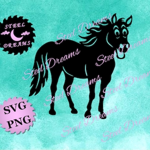 Digital files of funny horse silhouette, cartoon style, farm animal. Garden art, SVG and PNG files designed for use with CNC plasma cutter.