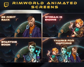 4 Animated Rimworld Stream Screens for Twitch, Starting Soon, Be Right Back, Ending Scene, Rimworld Screen Pack, Animated Screen Twitch