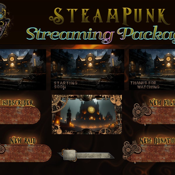 Steampunk Streaming Paket, Twitch Overlay, Animierte Bildschirme, Benachrichtigungen