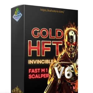 May include: A black box with gold and red text reading "GOLD HFT". The box also displays "INVINCIBLE" and "FAST M1 SCALPER". A futuristic figure with red eyes and a V6 logo is on the right. The website address https://eafxstore.com/ is at the top.