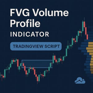 May include: A dark blue graphic with the text "FVG Volume Profile INDICATOR" and "TRADINGVIEW SCRIPT". The image displays a stock chart with green and red candlesticks, and a cloud icon.