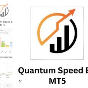May include: The image features the text "Quantum Speed EA MT5" in black font. The logo includes a black and orange graphic of a rising arrow and bar graph. Additional charts and graphs are also present, with data displayed in various colors.