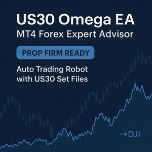May include: A dark blue graphic with white text that reads "US30 Omega EA" and "MT4 Forex Expert Advisor." Below is a blue rectangle with the text "PROP FIRM READY." The image also includes the text "Auto Trading Robot with US30 Set Files."