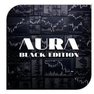 Pode incluir: Gráfico a preto e branco com o texto "AURA BLACK EDITION" sobreposto a um fundo de gráficos financeiros. Os gráficos exibem linhas flutuantes, sugerindo análise de mercado ou dados comerciais. O tema geral está relacionado a finanças ou negócios.