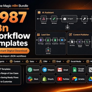 Puede incluir: Un gráfico digital que muestra The Magic n8n Bundle con 1.987 plantillas de flujo de trabajo n8n. Incluye diagramas de flujo para AI Assistant, Lead Gen y Content Publisher, junto con iconos de OpenAI, Telegram, Gmail, Google Sheets, Notion, Slack, Shopify, YouTube, Airtable y Google Drive.