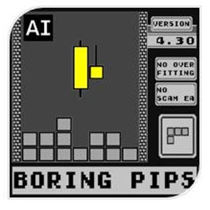 Peut inclure: Graphique en niveaux de gris d'une interface de trading avec le texte "AI" en haut à gauche. L'écran affiche un graphique en chandeliers avec des éléments jaunes et le texte "BORING PIPS" en bas. Le texte supplémentaire comprend "VERSION 4.30", "NO OVER FITTING" et "NO SCAM EA".