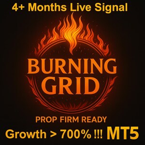 Może przedstawiać: Ognista grafika z napisem "BURNING GRID" w kolorze pomarańczowym, otoczonym płomieniami. Tekst "4+ Months Live Signal", "PROP FIRM READY" i "Growth > 700% !!! MT5" jest również wyświetlany na ciemnym tle.
