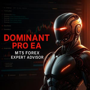 Może przedstawiać: Na zdjęciu widoczny jest futurystyczny robot z świecącymi czerwonymi oczami i akcentami. Tekst "DOMINANT PRO EA" i "MT5 FOREX EXPERT ADVISOR" jest wyświetlany w kolorze czerwonym i białym na ciemnym tle z wykresem finansowym.