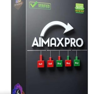 Puede incluir: Una caja negra con el texto "AIMAXPRO" en blanco, una flecha blanca curvada hacia arriba y bloques rojos y verdes etiquetados como "Sell" y "Buy". La caja también presenta una insignia "Verified" y una insignia "5 Stars Rating".