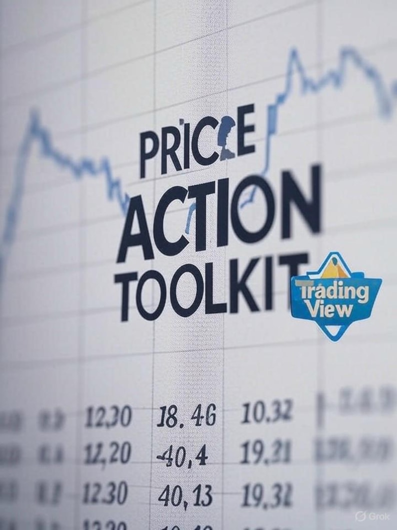 May include: A close-up of a chart with the words "PRICE ACTION TOOLKIT" in bold, dark blue letters. The TradingView logo is in the lower right corner. Numerical data is visible in the foreground, with a blue line graph in the background.