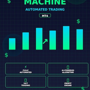 Pode incluir: Gráfico digital com as palavras "MONEY MACHINE" e "AUTOMATED TRADING". Apresenta um gráfico de barras com barras ascendentes, símbolos de dólar e caixas de texto com frases como "FULLY AUTOMATED" e "AI-POWERED ALGORITHM".