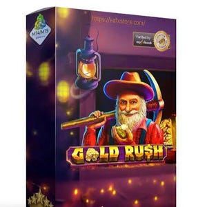 Pode incluir: Caixa de produto com uma ilustração de desenho animado de um garimpeiro segurando uma picareta e uma pepita de ouro. O texto "GOLD RUSH" é exibido de forma proeminente. Uma lanterna vintage e o endereço do site https://eafxstore.com/ também são visíveis.