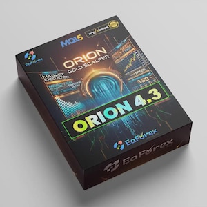Pode incluir: Uma caixa preta com o texto "ORION GOLD SCALPER" e "ORION 4.3" em verde e amarelo. A caixa também apresenta os logotipos "MQL5", "myfxbook" e "EaForex", juntamente com visualizações de dados.