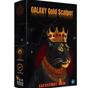 以下が含まれることがあります： 金色の「GALAXY Gold Scalper」の文字が入った黒い箱。金色の王冠とネックレスをつけた黒豹が描かれています。ウェブサイトのアドレスEAFXSTORE.COMが下部に表示されています。