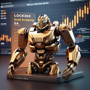 May include: A golden robot sculpture with blue glowing eyes and intricate mechanical details. The robot is standing on a black base, with a sign that reads "LOCK30X Gold Scalping EA" in front of it. A computer screen with financial charts is in the background.