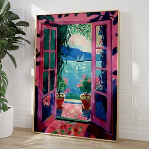 Matisse ouvre la fenêtre | Affiche avec vue sur le lac inspirée de Matisse | impression d’art méditerranéenne | affiches pastels | art mural coloré | cadre en option