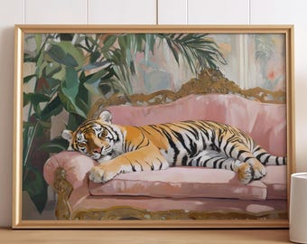 whimsical tiger art print | sleeping tiger wall art | eclectic dreamy boho art | quirky jungle glam | animal gallery wall art