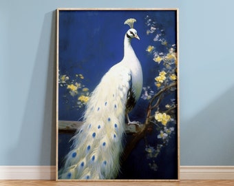 peacock posters | white peacock art print | impressionist peacock poster | animal wall art | optional wooden frame