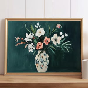 Póster de jarrón floral vintage | Decoración de ramo botánico verde esmeralda | Arte de pared floral grandmillennial | Lámina artística de estilo cottagecore melancólico