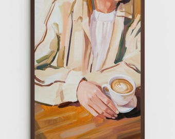 stampa artistica del caffè | latte art | poster accogliente del caffè | arredamento cucina beige | stampa artistica di donna che prende il caffè | arte murale hygge neutra