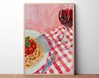 May include: A painting of a plate of spaghetti with tomato sauce and a glass of red wine on a red and white checkered tablecloth.