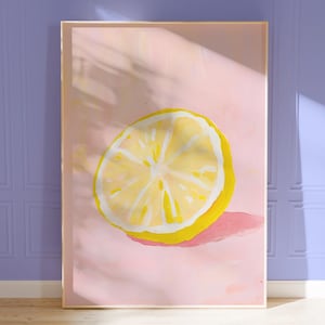 preppy roze citroen poster | dopamine decor | minimalistische keukenmuurkunst | schilderij van citroenschijfjes | pastel zomerse citruskunst | voedselprint