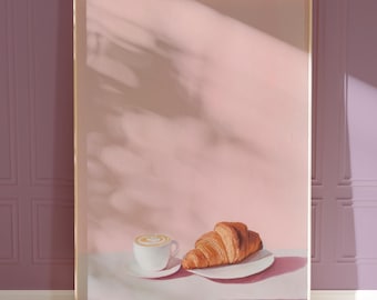 affiche croissant | impression d&#39;art sur le café | affiches gourmandes | art du latte | art mural rose | affiche de cuisine minimaliste moderne et preppy | imprimé petit-déjeuner