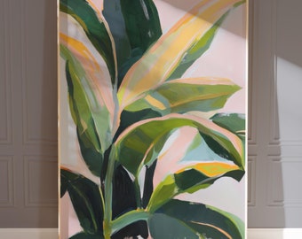 Puede incluir: Una pintura enmarcada de una planta tropical con grandes hojas verdes y acentos amarillos sobre un fondo rosa.