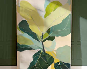 Puede incluir: Pintura abstracta de una planta verde y amarilla sobre un fondo blanco. La planta se representa de forma estilizada, con hojas grandes y superpuestas.