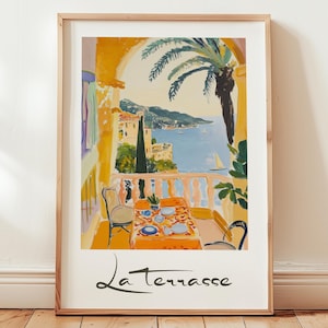 Matisse inspired mediterranean art print | vibrant coastal decor | mid-century terrace painting | warm tones summer print | sea poster