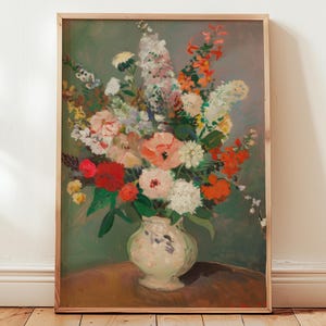 Impresión artística de ramo floral de inspiración vintage | bodegón botánico romántico | arte de pared estilo cottagecore | Póster de ramo en jarrón | flores vibrantes