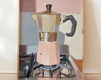 poster dell'espresso | stampa artistica da cucina con caffettiera moka retrò | Stampa di caffè italiano per un arredamento accogliente da bar | natura morta di caffè | decorazione murale da cucina color pastello