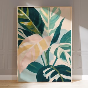 modern botanical art | greenery wall art | fauvist plant poster | pastel green & pink leaf print | tropical calathea art print | serene art